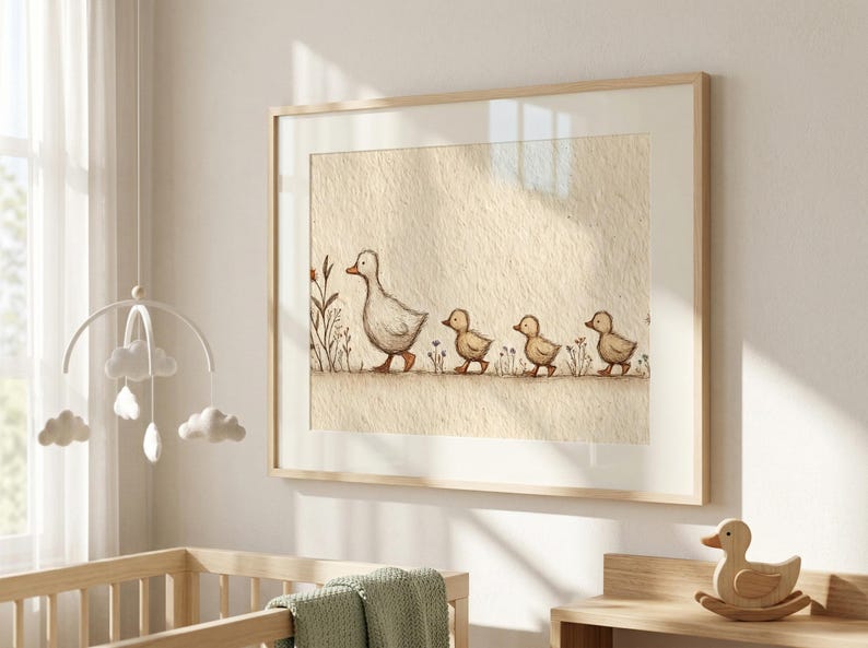 May include: A framed watercolor print depicts a mother duck and her three ducklings walking in a line. The artwork is in soft, neutral tones, with a beige background and a light wooden frame. The style is simple and suitable for a nursery.