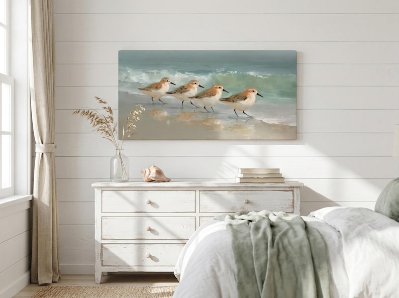 Sandpiper Beach Canvas Wall Art ~ Vintage Coastal Bird Print ~ Coastal Beach House Decor for Living Room ~ Nursery Bird Artwork Gift image 2
