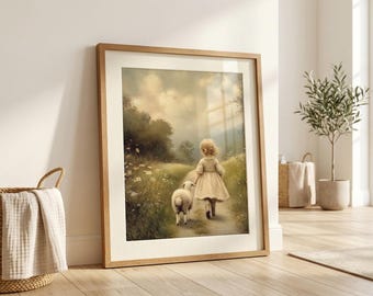 Girl and Lamb Vintage Art Print: Pastoral Nursery Decor (Digital Download)