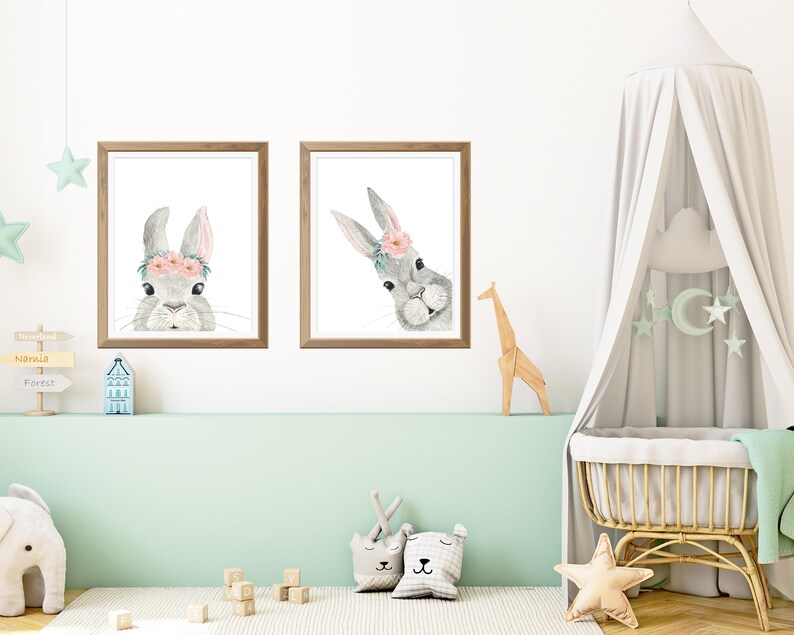 Bunny Rabbit Nursery Wall Decor Set of 2 DIGITAL PRINTS Nursery Wall