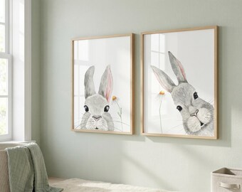 Bunny and Daisy Printable Wall Art - Watercolor Nursery Prints - Baby Shower or Kids Room Decor | Nursery Wall Art (Digital Files) - Rabbits