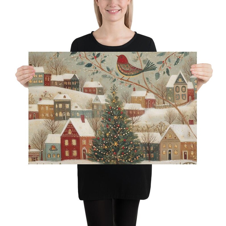 May include: A rectangular print featuring a winter village scene with snow-covered houses, a central decorated Christmas tree, and a large red bird perched on a branch. The illustration uses a muted colour palette of red, green, and white.