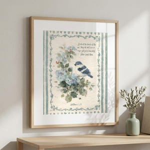 Bluebird Aquarell Schrift Druck - Matthäus 6:26 Kinderzimmer Dekor, Cottage Kern Christliche Bibel Vers Wandkunst, Blick auf die Vogelmalerei