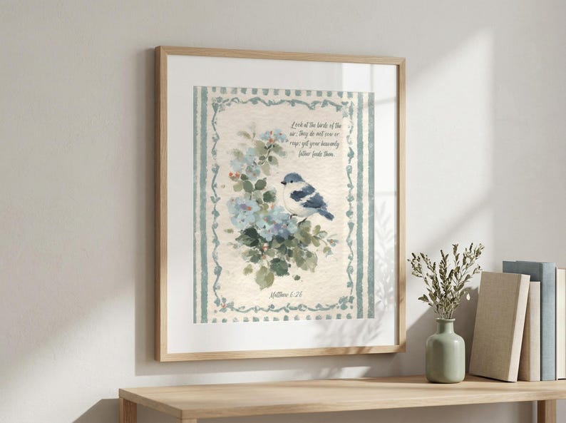 Bluebird With Scripture Bluebird Watercolor Scripture Print - Matthew 6:26 Nursery Decor ...