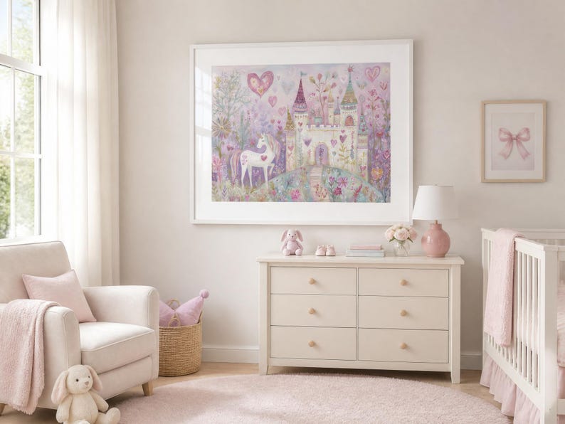 May include: A framed wall art print featuring a whimsical illustration of a white unicorn standing on a grassy hill next to a large castle, surrounded by pink hearts, colourful trees, and flowers in shades of purple, pink, and soft green.