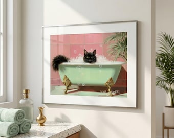 Rolig svart katt i bubbelbad - Vintage badrumskonst, rolig kattkonsttryck, kattdamepresent (digitalt tryck)