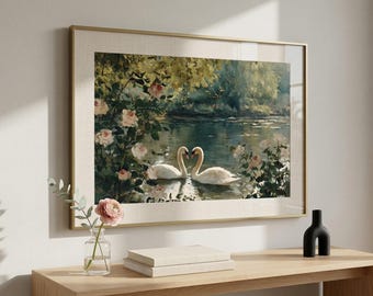 Swan Couple Art Print, Vintage Rose Lake Oil Painting (Digital Download), Romantic Wall Art, Wedding Day Decor, Swan Painting, Love Art