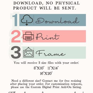 Puede incluir: Gr&aacute;fico de instrucciones de impresi&oacute;n digital con las palabras "Descargar, Imprimir, Enmarcar" en escritura cursiva. La imagen incluye opciones de tama&ntilde;o de 20x25cm, 28x35cm y 40x50cm. El texto tambi&eacute;n dice "&iexcl;Gracias por tu pedido!"
