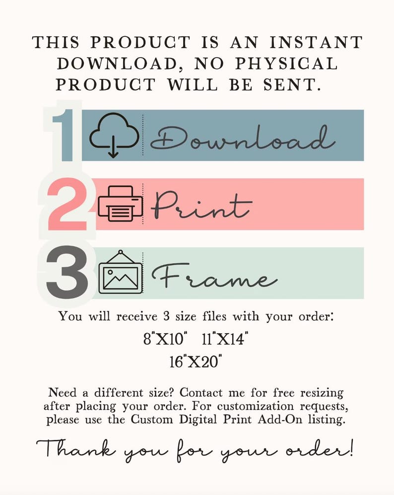 Puede incluir: Gr&aacute;fico de instrucciones de impresi&oacute;n digital con las palabras "Descargar, Imprimir, Enmarcar" en escritura cursiva. La imagen incluye opciones de tama&ntilde;o de 20x25cm, 28x35cm y 40x50cm. El texto tambi&eacute;n dice "&iexcl;Gracias por tu pedido!"