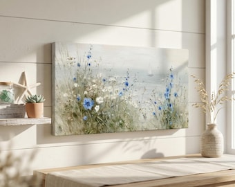 Coastal Wildflower Canvas Art, Blue Flower Seascape Print, Minimalist Sailboat Painting, Soft Pastel Ocean Wall Decor, Cottage Coastal Art
