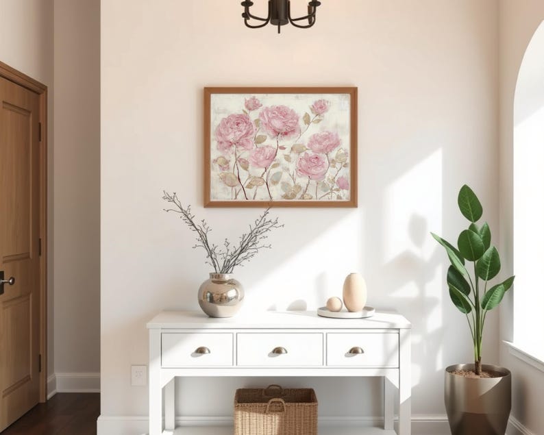 May include: A white console table with three drawers and brass knobs. A framed floral print with pink roses hangs above the table. A silver vase with branches, a decorative egg, and a potted plant complete the decor.