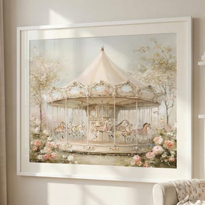 Arte murale vintage per la cameretta dei bambini - Arte con giostra rosa, Decorazioni per la cameretta delle bambine, Dipinti in stile shabby chic per la cameretta delle bambine, Arte francese per la cameretta delle bambine, Opere d'arte per bambine