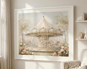 Vintage Nursery Wall Art - Pink Carousel Art, Girl Nursery Decor, Shabby Chic Girl Room Painting, Baby Girl French Nursery Art, Girl Artwork