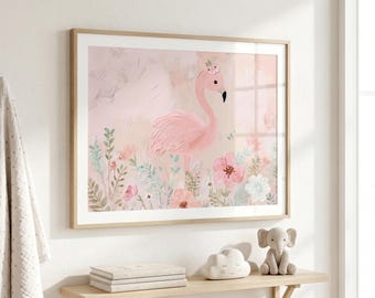 Pink Floral Flamingo Print: Whimsical Nursery Wall Art
