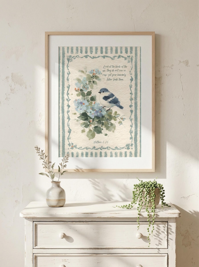 Cottage Scripture Image Bluebird Watercolor Scripture Print - Matthew 6:26 Nursery Decor ...
