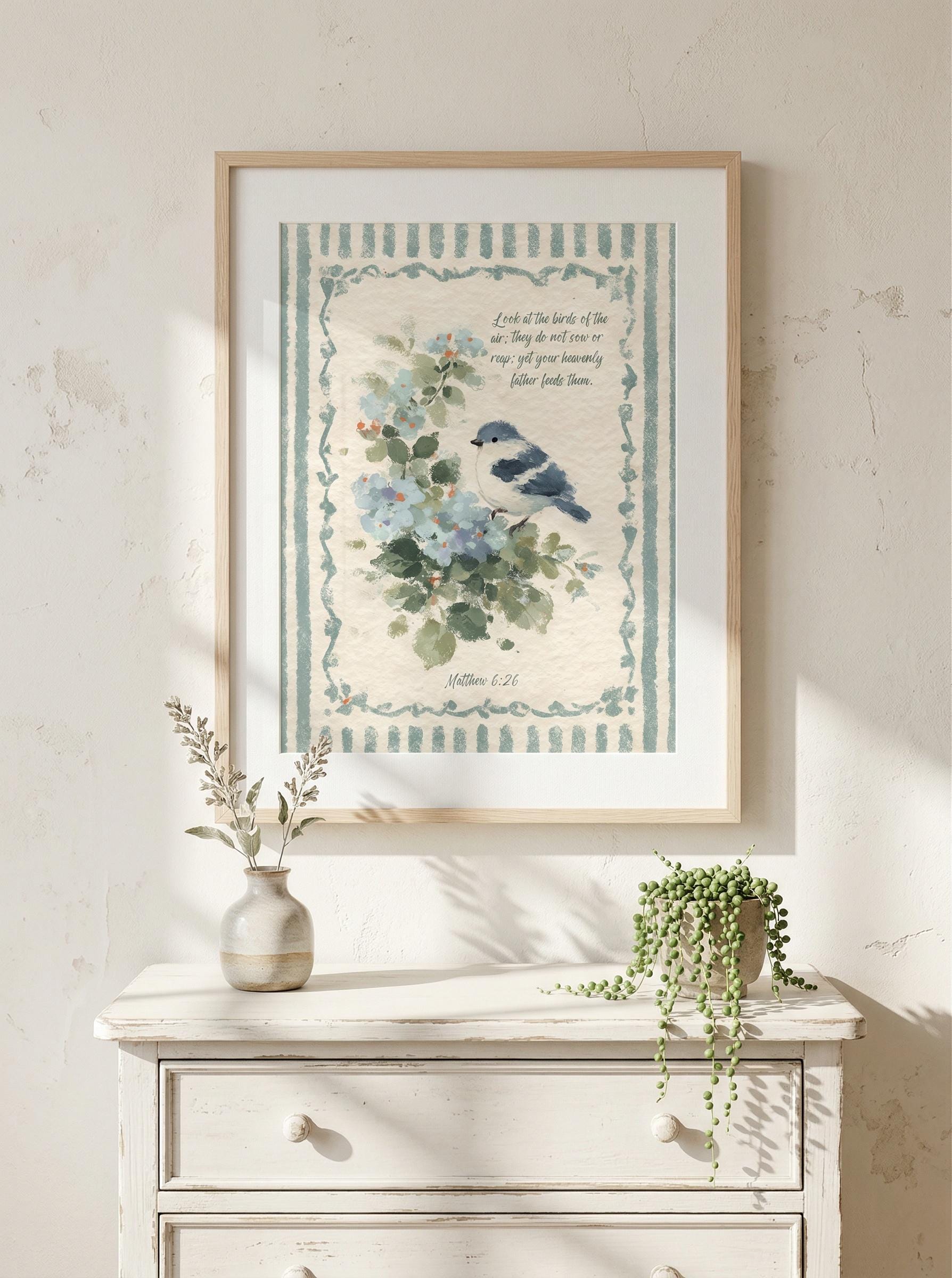 Bluebird With Scripture Bluebird Watercolor Scripture Print - Matthew 6:26 Nursery Decor ...