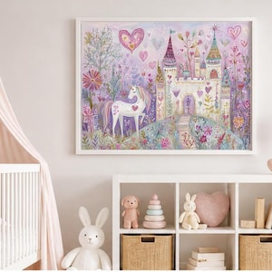 Unicorn Wall Art, Whimsical Castle Painting, Fairy Tale Nursery Art, Watercolors Unicorn Art for Girls Room, Pink Magical Fantasy Decor image 11