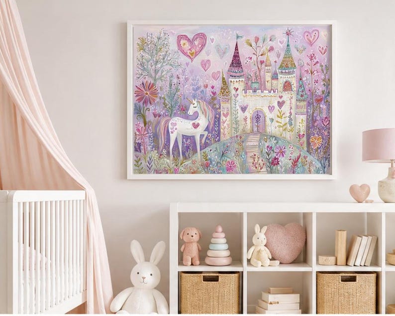 Unicorn Wall Art, Whimsical Castle Painting, Fairy Tale Nursery Art, Watercolors Unicorn Art for Girls Room, Pink Magical Fantasy Decor image 11