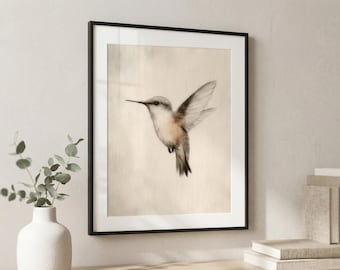 Hummingbird Art Print: Vintage Pastel Bird Illustration, Cottagecore Nursery Wall Art, Minimalist Bird Artwork, Print on Premium Matte Paper