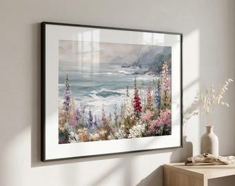 Pintura al óleo de flores de digital junto al mar, pintura romántica de flores silvestres en un acantilado costero, arte mural oceánico de estilo cottagecore (descarga digital)