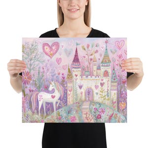 Whimsical Unicorn Castle Wall Art, Fairy Tale Nursery Print, Pastel Valentine Unicorn Art for Girls Room, Magical Fantasy Decor