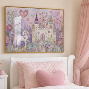 Unicorn Wall Art, Whimsical Castle Painting, Fairy Tale Nursery Art, Watercolors Unicorn Art for Girls Room, Pink Magical Fantasy Decor image 10