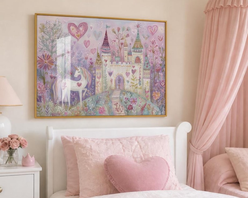 Unicorn Wall Art, Whimsical Castle Painting, Fairy Tale Nursery Art, Watercolors Unicorn Art for Girls Room, Pink Magical Fantasy Decor image 10