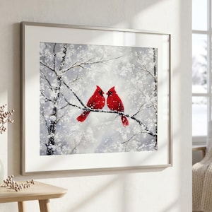 Red Cardinal Christmas Print, Rustic Bird Art Prints, Vintage Christmas Artwork, Country Farmhouse Holiday Decor Gifts, Winter Wall Poster image 1