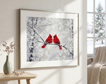 Red Cardinal Christmas Print, Rustic Bird Art Prints, Vintage Christmas Artwork, Country Farmhouse Holiday Decor Gifts, Winter Wall Poster