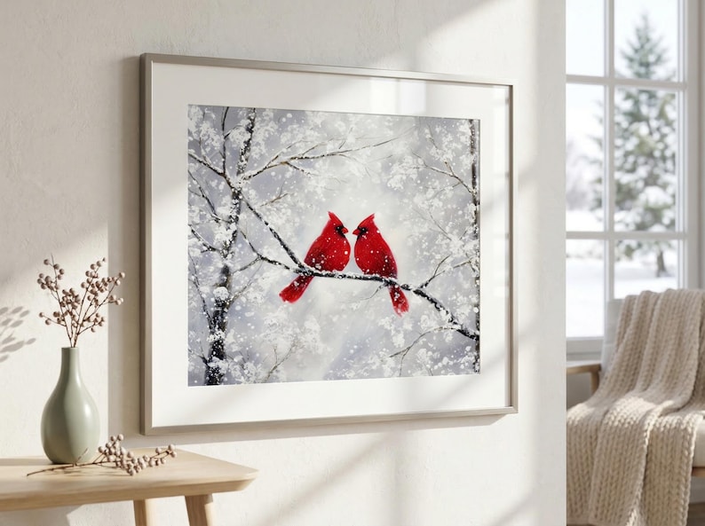 Red Cardinal Christmas Print, Rustic Bird Art Prints, Vintage Christmas Artwork, Country Farmhouse Holiday Decor Gifts, Winter Wall Poster image 1
