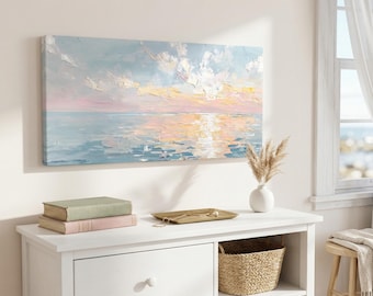 Pastel Ocean Sunset Canvas Wall Art - Beach House Decor, Coastal Modern Seascape, Ready to Hang Canvas Print, Calming Wall Art, Summer Art