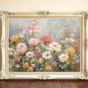 Rose Garden Wildflower Wall Art Oil Painting – Vintage Floral Landscape, Cottagecore Decor, Shabby Chic Painting, Vintage Country Artwork