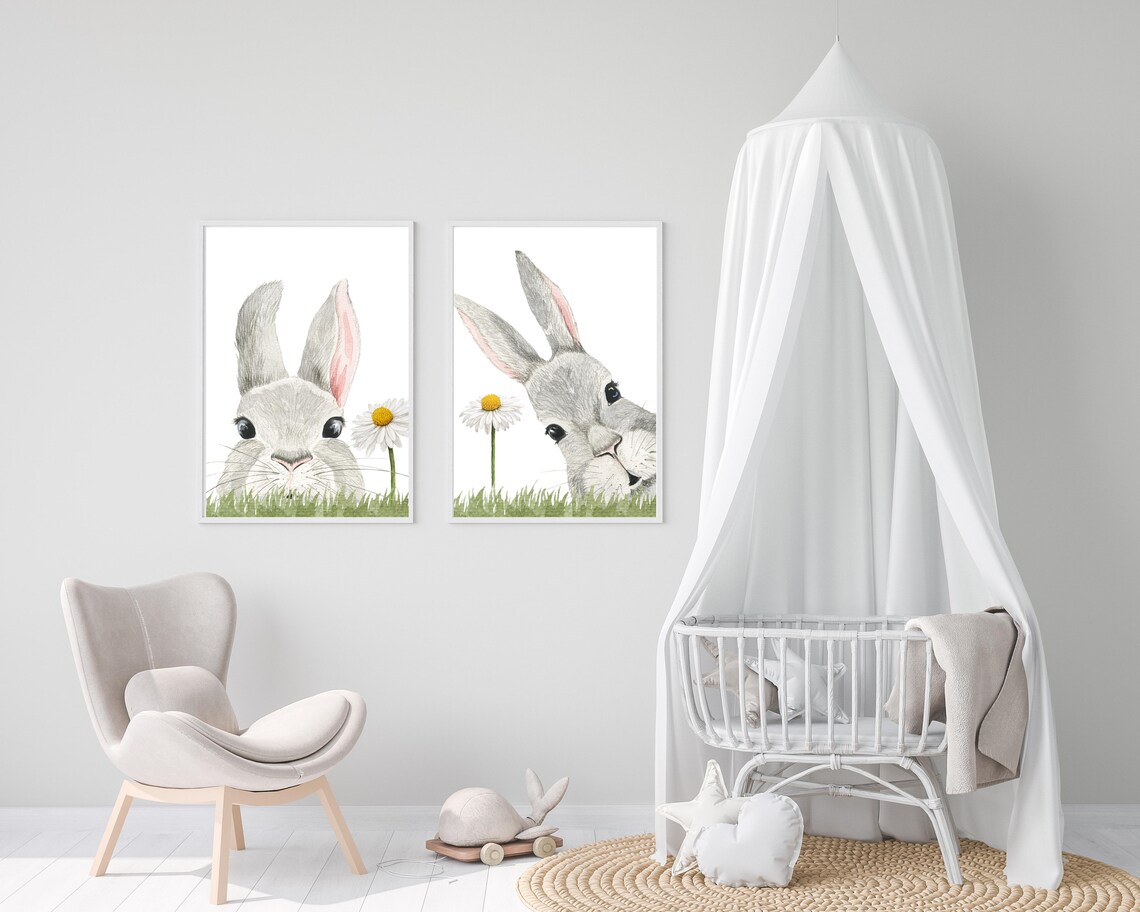 Bunny Rabbit Nursery Wall Decor Printable Art Set of 2 Bunny Prints