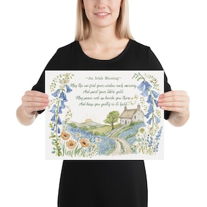 Konsttryck med irländskt husvälsignelse, irländsk stuga-väggkonst, keltisk heminredning, irländsk gåva, lantlig bondgårdslandskapskonst, sommarstil 12″×16″