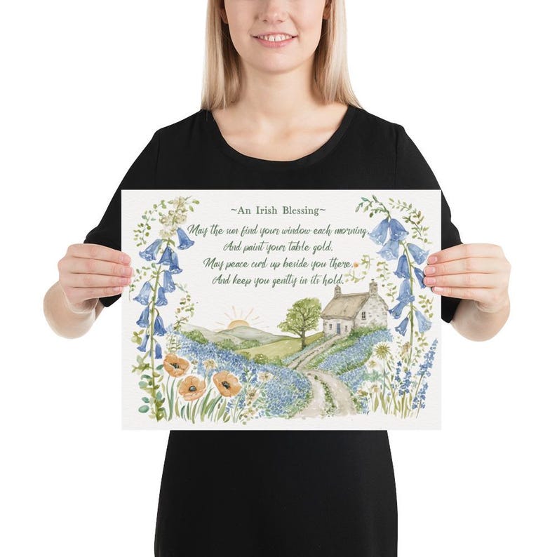 Konsttryck med irländskt husvälsignelse, irländsk stuga-väggkonst, keltisk heminredning, irländsk gåva, lantlig bondgårdslandskapskonst, sommarstil 12″×16″