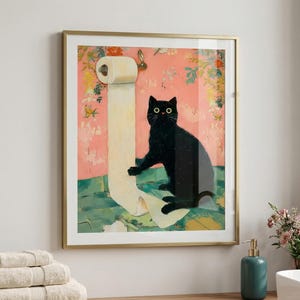 Decorazioni da parete per il bagno: stampa divertente di un gatto nero su carta igienica, stampa di un gatto sciocco, poster di un gatto stravagante, opere d'arte per il bagno, decorazioni divertenti per il bagno