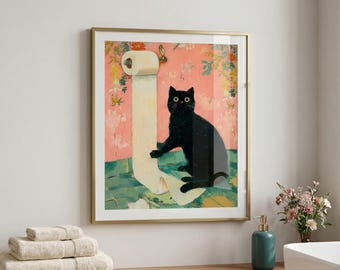 Art mural salle de bain - impression de papier toilette drôle de chat noir, impression de chat idiot, affiche de chat fantaisiste, oeuvre d'art de toilette, décoration de salle de bain drôle