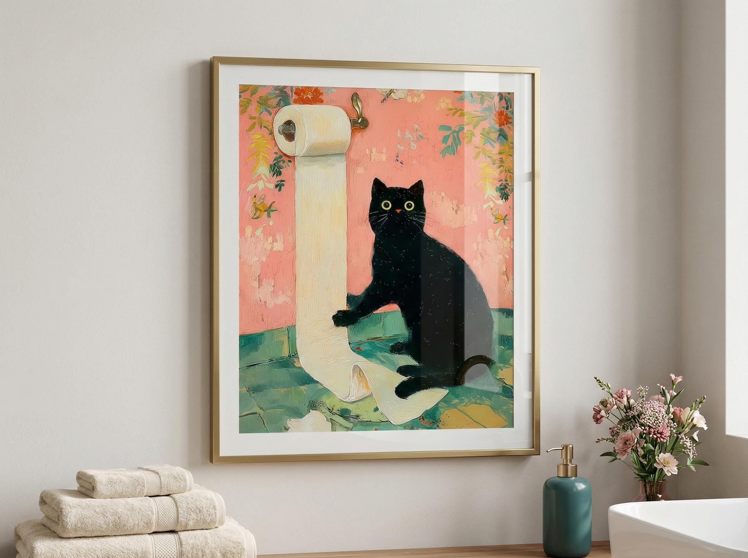 Bathroom Wall Art - Funny Black Cat Toilet Paper Print, Silly Cat Print ...