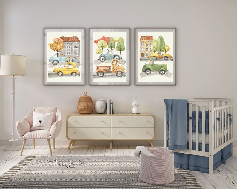Car Nursery Decor Art Prints Animals Driving Trucks and Cars Etsy