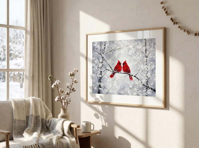Red Cardinal Christmas Print, Rustic Bird Art Prints, Vintage Christmas Artwork, Country Farmhouse Holiday Decor Gifts, Winter Wall Poster image 5