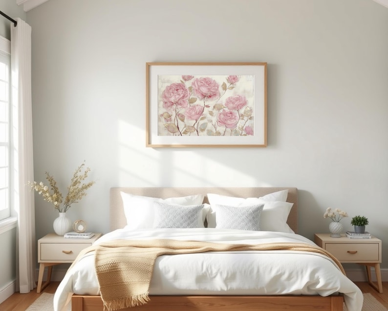 May include: A framed floral print featuring pink roses hangs above a bed with white bedding and a tan throw blanket. Two matching nightstands flank the bed, each with a lamp and decorative items. The room has a neutral color palette.