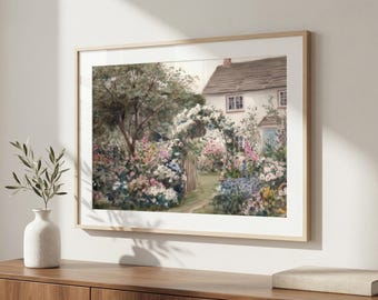 Impresión de acuarela de jardín inglés, decoración cottagecore, arte mural primaveral en tonos pastel, regalo de inauguración, arte rústico campestre, paisaje floral
