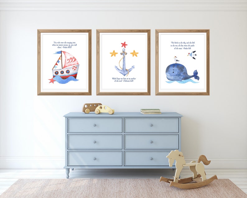 Nautical Nursery Wall Decor Prints Set of 3 Boys Christian Nursery Printable Art Bible Verses