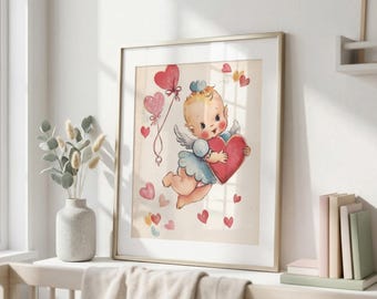Vintage Amor Kunstdruck, Engel mit Herz, Mid-Century Liebe Dekor, Shabby Chic Dekor, Retro Amor Poster, Engel Amor Druck, süße Kunst