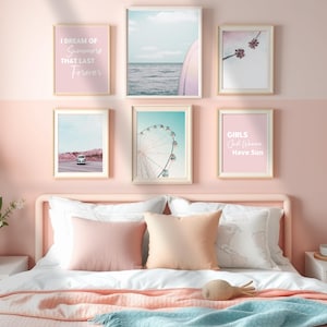 Set of 6 Teen Girl Bedroom Blush Beach Summer Retro California Wall Art | DIGITAL PRINTS | Dorm Room Printable Art | Palm Tree Surf Board