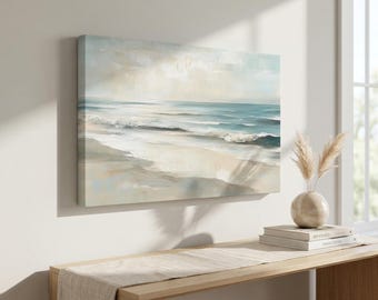 海岸の海景キャンバスプリント、ニュートラルビーチウェーブペインティング、オーシャンウォールアート、ビーチペインティング、横長ウォールキャンバス、寝室ウォールアート
