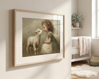Vintage Girl and Lamb Art Print: Pastoral Nursery Decor (Digital Download)
