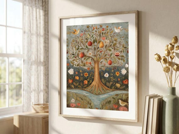 Vintage Tree of Life Art Print: Whimsical Folk Art Style (Digital Download)