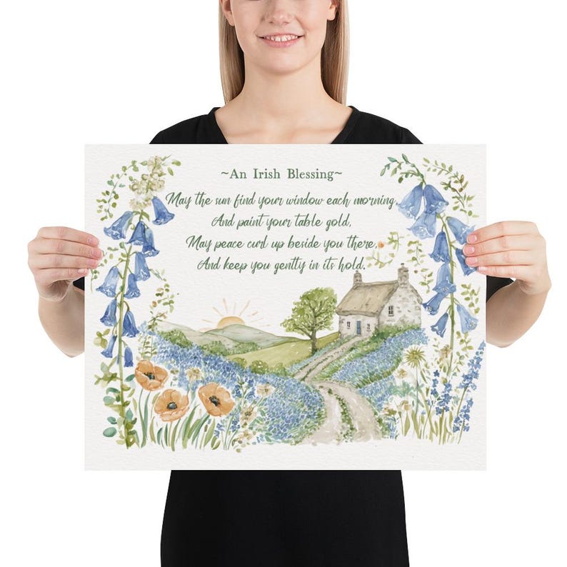 Konsttryck med irländskt husvälsignelse, irländsk stuga-väggkonst, keltisk heminredning, irländsk gåva, lantlig bondgårdslandskapskonst, sommarstil 16″×20″