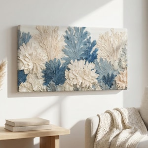 Sea Coral Canvas Wall Art Blue Cream, Coastal Textured Look Coral Print, Large Over Sofa Nautical Wall Art, Beach House Ocean Decor